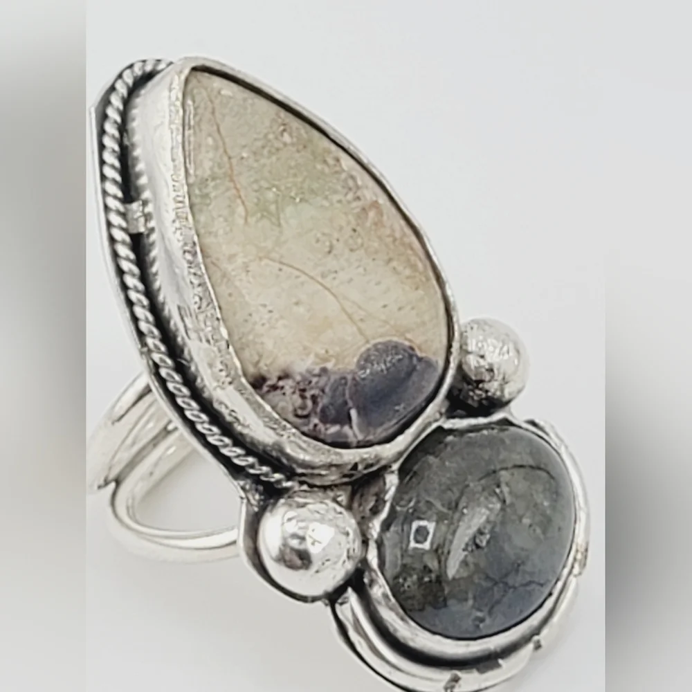 JASPER & LABRADORITE STATEMENT RING HANDMADE IN STERLING SILVER METAL SIZE 8.5